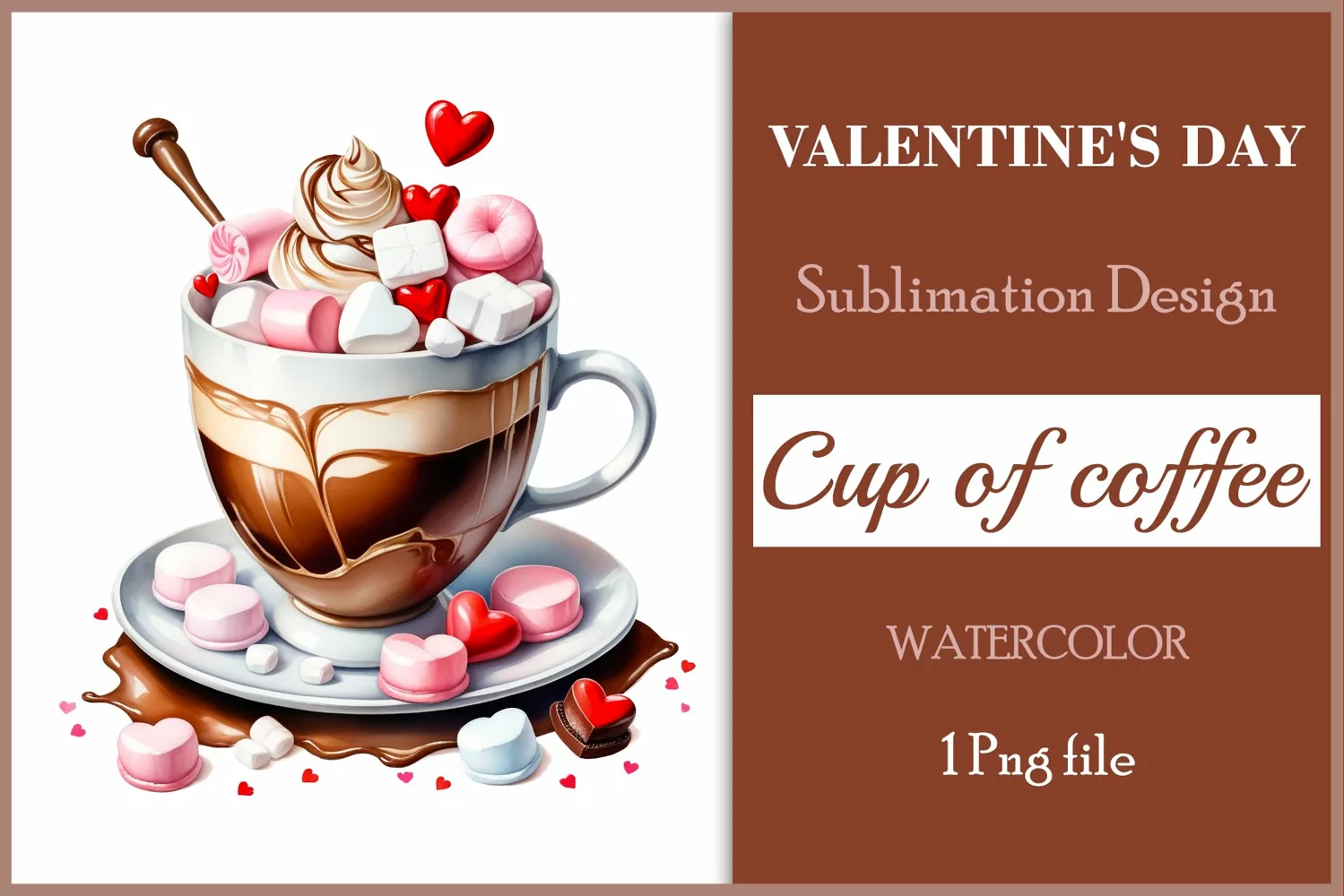 Watercolor clipart valentines day coffee mug or chocolate with hearts  on clear background. Romantic and flavorful illustration. High resolution and perfect quality for printing and sublimation.