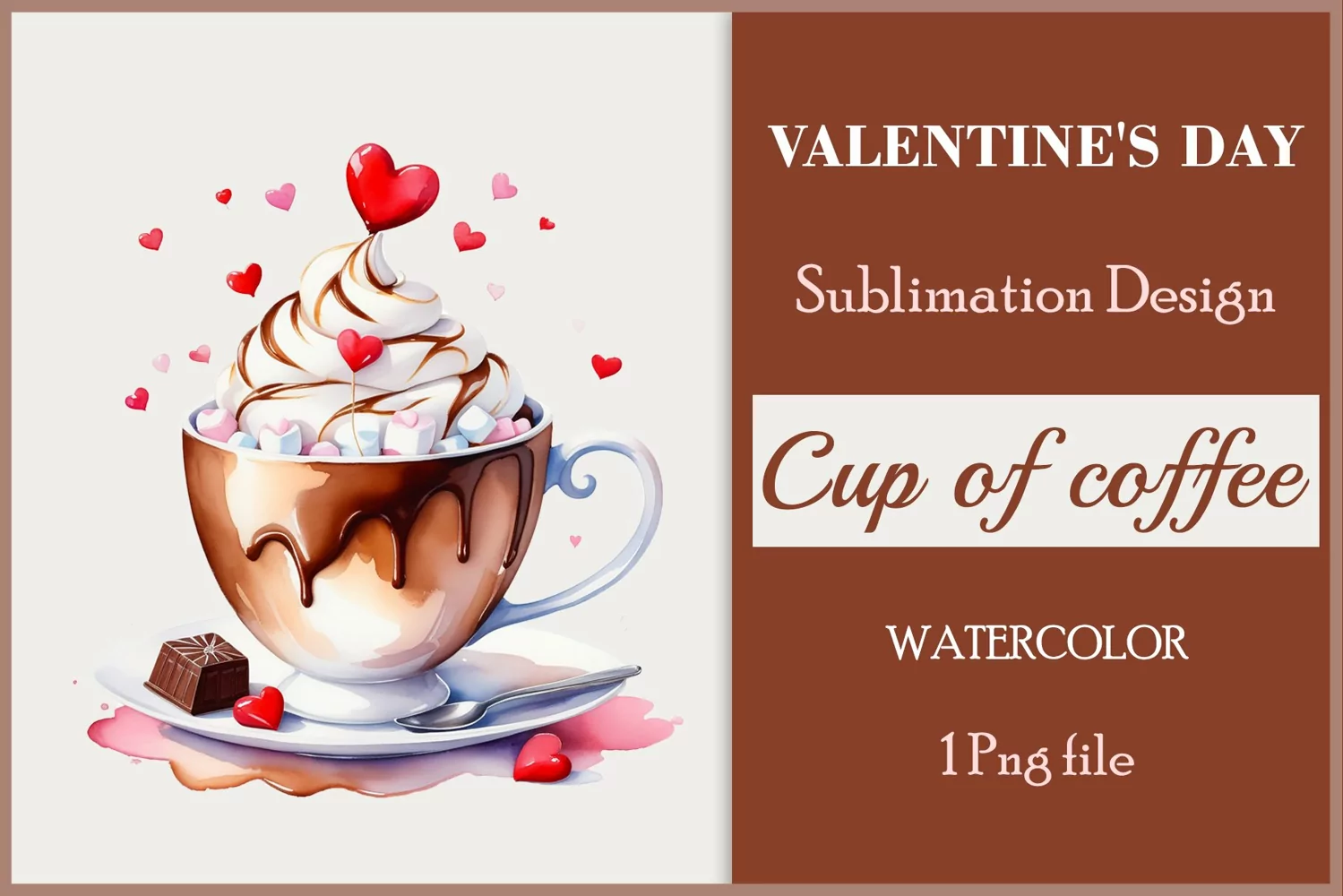 Watercolor clipart valentines day coffee mug or chocolate with hearts  on clear background. Romantic and flavorful illustration. High resolution and perfect quality for printing and sublimation.