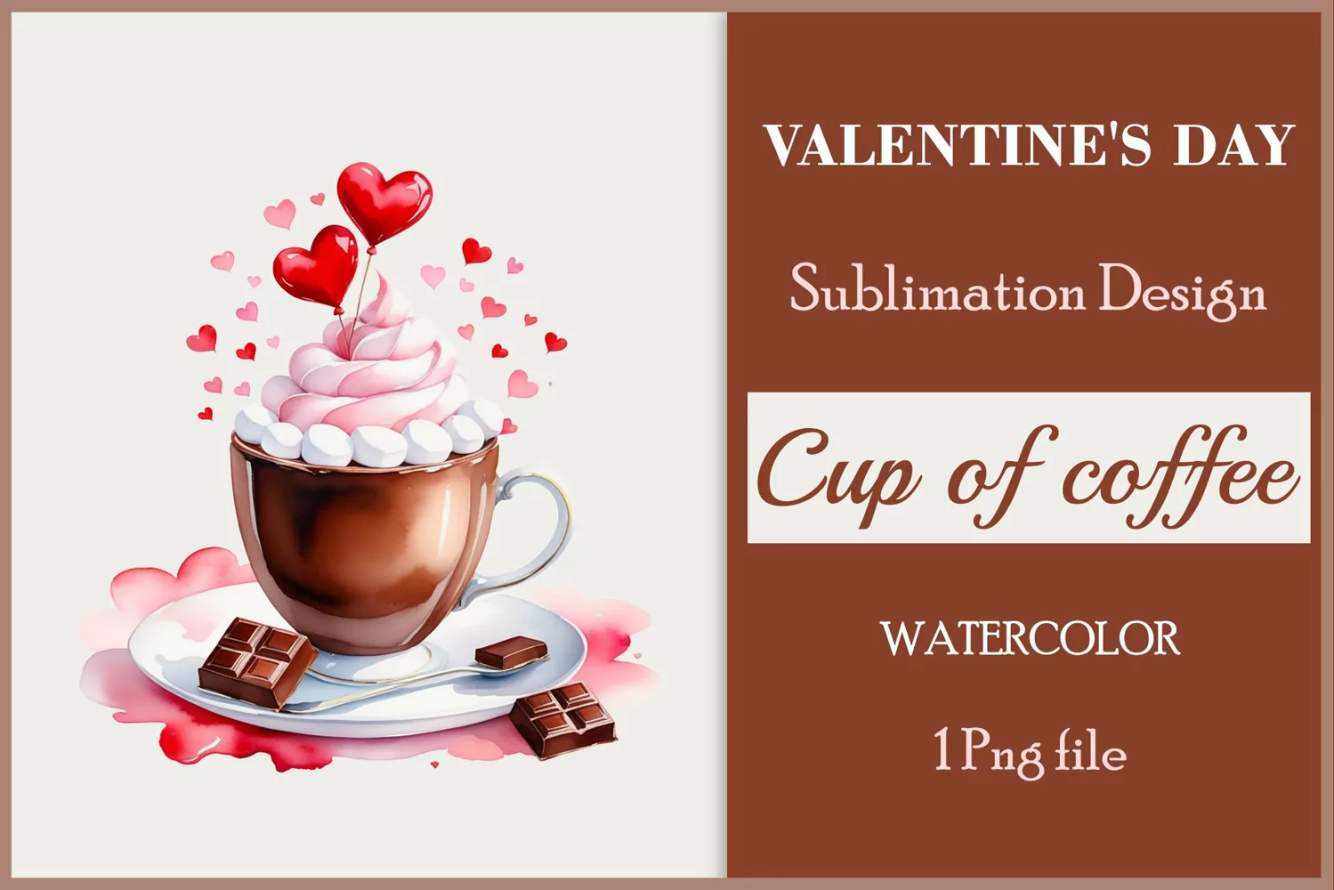 Watercolor clipart valentines day coffee mug or chocolate with hearts  on clear background. Romantic and flavorful illustration. High resolution and perfect quality for printing and sublimation.