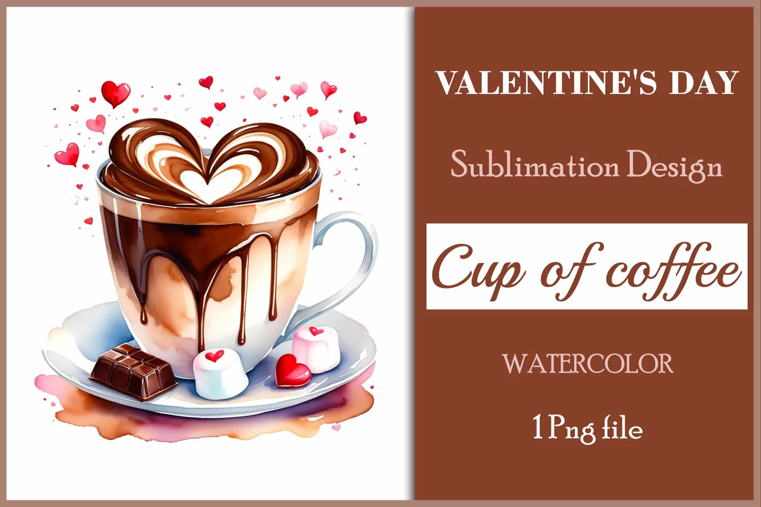 Watercolor clipart valentines day coffee mug or chocolate with hearts  on clear background. Romantic and flavorful illustration. High resolution and perfect quality for printing and sublimation.