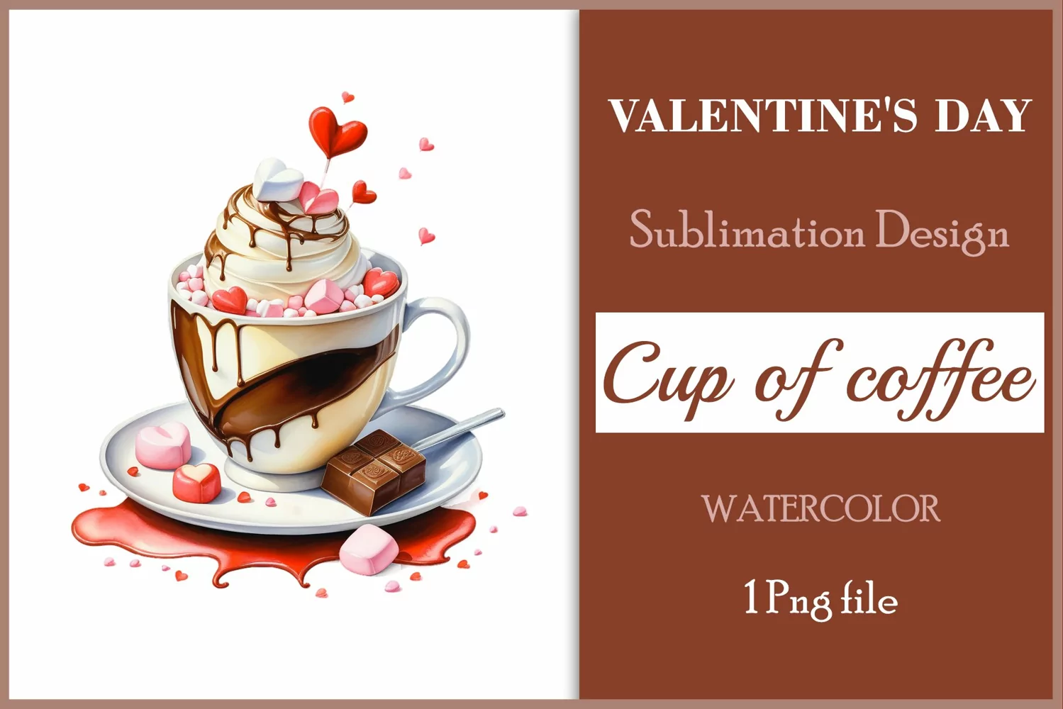 Watercolor clipart valentines day coffee mug or chocolate with hearts  on clear background. Romantic and flavorful illustration. High resolution and perfect quality for printing and sublimation.