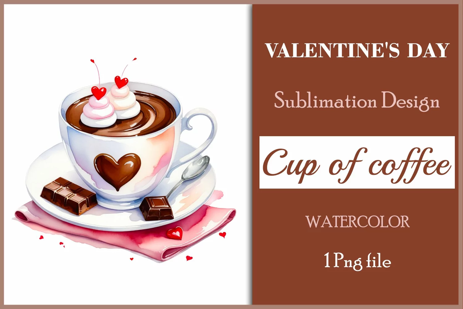 Watercolor clipart valentines day coffee mug or chocolate with hearts  on clear background. Romantic and flavorful illustration. High resolution and perfect quality for printing and sublimation.