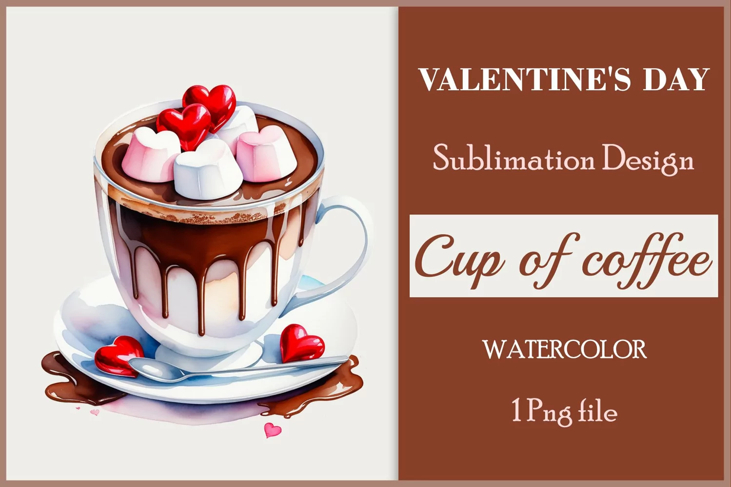 Watercolor clipart valentines day coffee mug or chocolate with hearts  on clear background. Romantic and flavorful illustration. High resolution and perfect quality for printing and sublimation