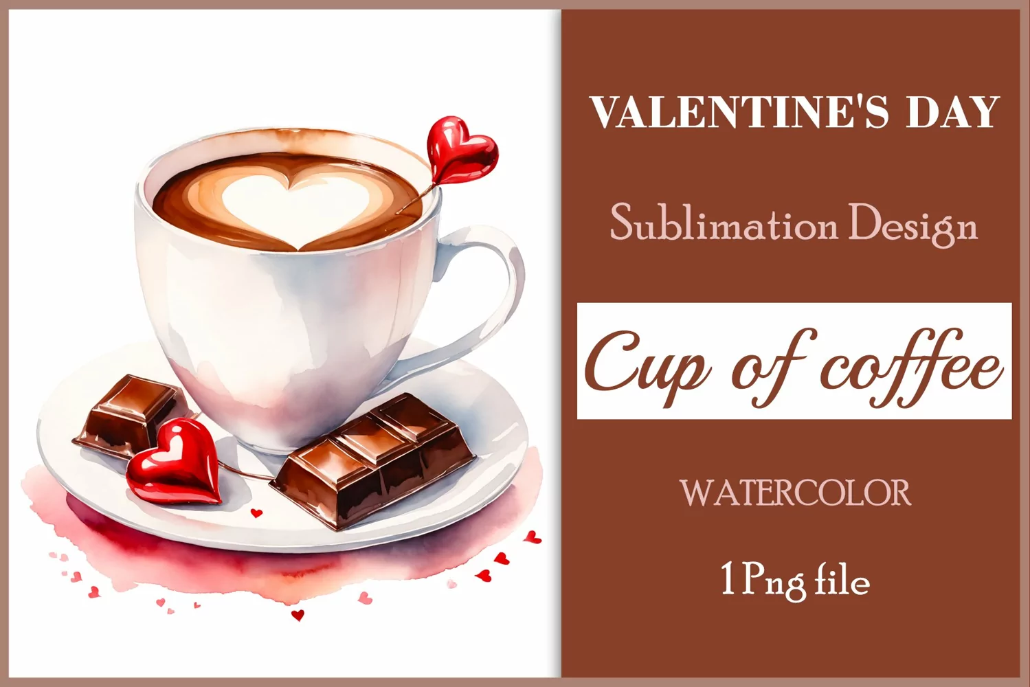 Watercolor clipart valentines day coffee mug or chocolate with hearts  on clear background. Romantic and flavorful illustration. High resolution and perfect quality for printing and sublimation.