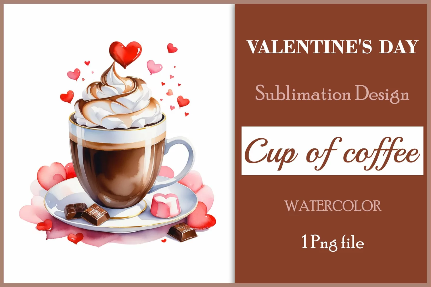 Watercolor clipart valentines day coffee mug or chocolate with hearts  on clear background. Romantic and flavorful illustration. High resolution and perfect quality for printing and sublimation.
