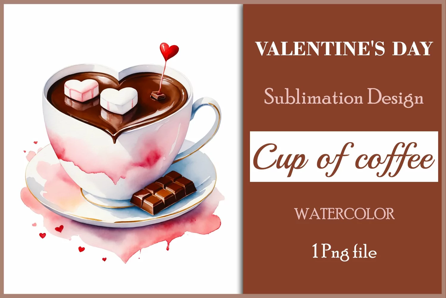 Watercolor clipart valentines day coffee mug or chocolate with hearts  on clear background. Romantic and flavorful illustration. High resolution and perfect quality for printing and sublimation.
