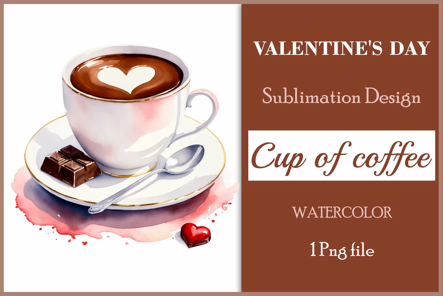 Watercolor clipart valentines day coffee mug or chocolate with hearts  on clear background. Romantic and flavorful illustration. High resolution and perfect quality for printing and sublimation.