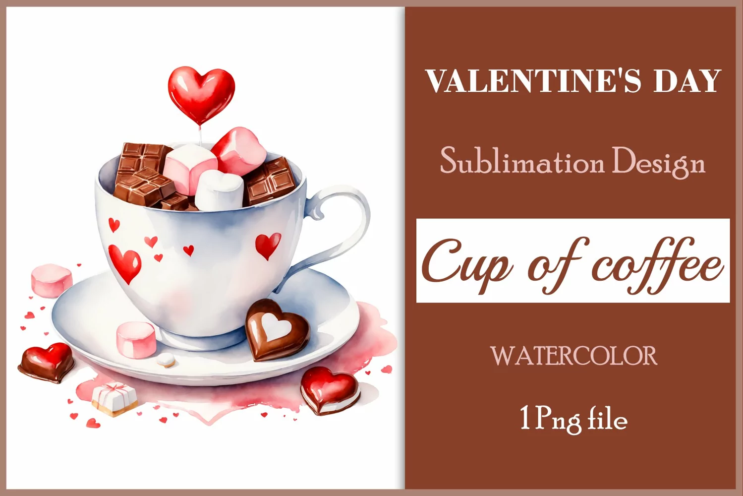 Watercolor clipart valentines day coffee mug or chocolate with hearts  on clear background. Romantic and flavorful illustration. High resolution and perfect quality for printing and sublimation.