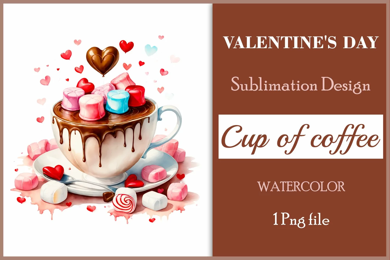 Watercolor clipart valentines day coffee mug or chocolate with hearts  on clear background. Romantic and flavorful illustration. High resolution and perfect quality for printing and sublimation.