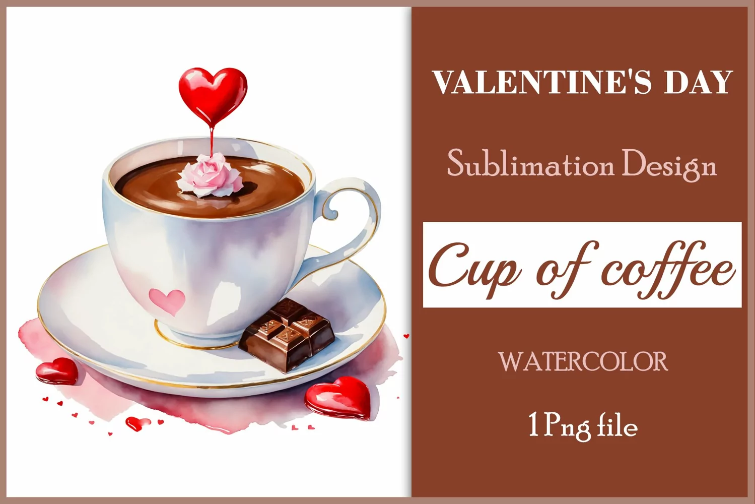 Watercolor clipart valentines day coffee mug or chocolate with hearts  on clear background. Romantic and flavorful illustration. High resolution and perfect quality for printing and sublimation.