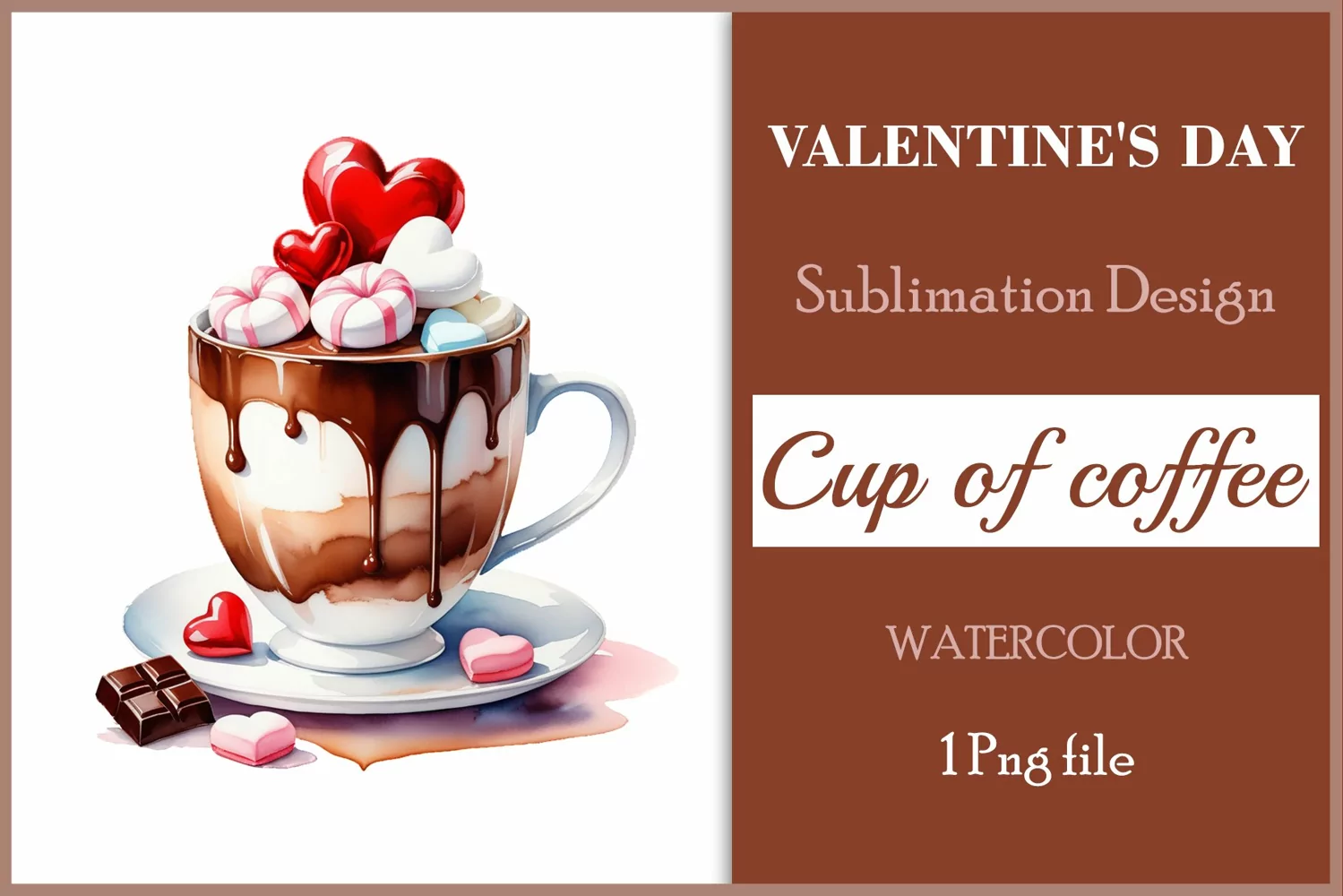 Watercolor clipart valentines day coffee mug or chocolate with hearts  on clear background. Romantic and flavorful illustration. High resolution and perfect quality for printing and sublimation.