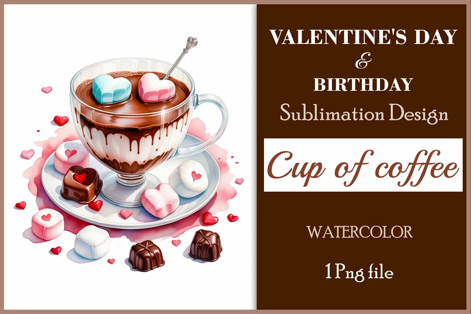 Watercolor clipart valentines day or birthday greeting card coffee mug or chocolate with hearts  on clear background. Romantic and flavorful illustration. High resolution and perfect quality for printing and sublimation.