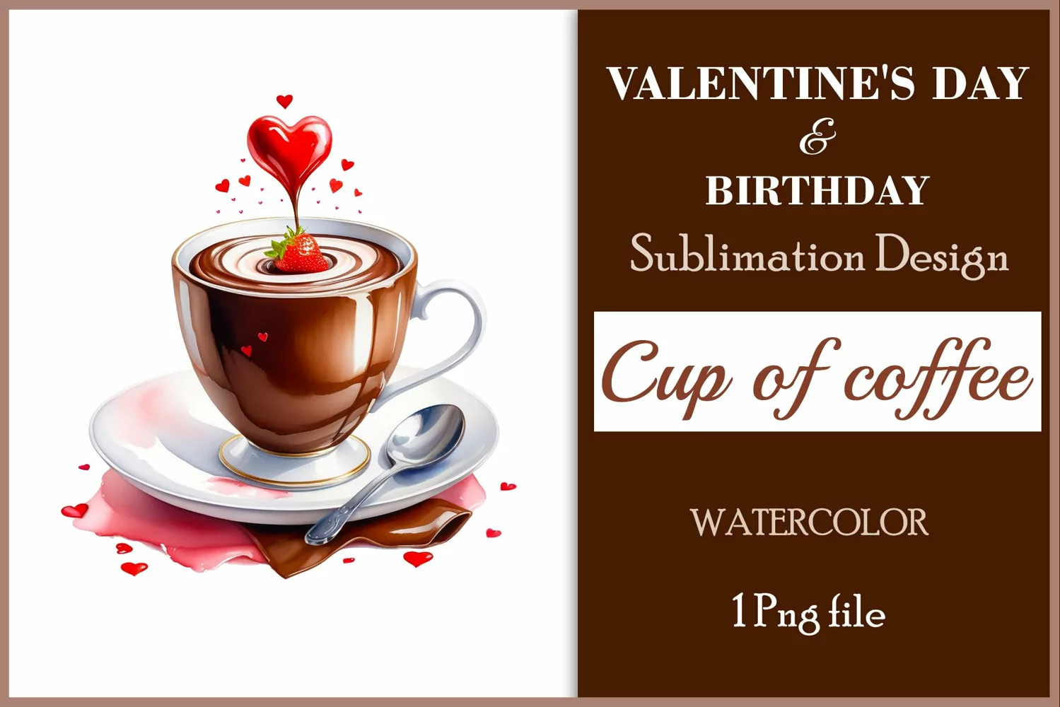 Watercolor clipart valentines day or birthday greeting card coffee mug or chocolate with hearts  on clear background. Romantic and flavorful illustration. High resolution and perfect quality for printing and sublimation.