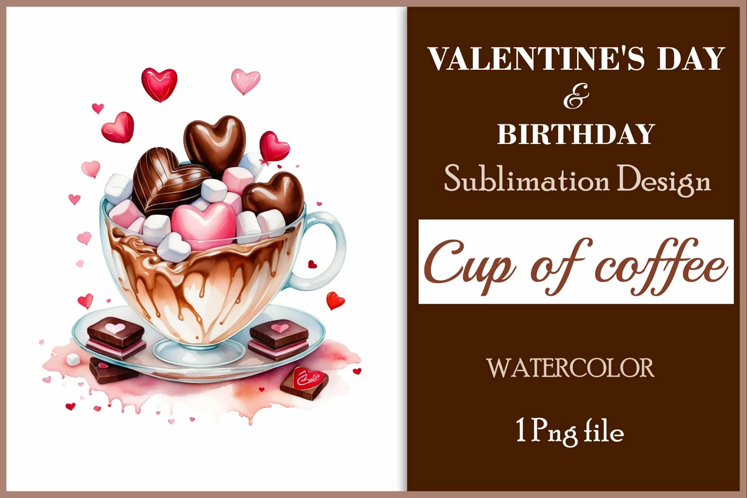 Watercolor clipart valentines day or birthday greeting card coffee mug or chocolate with hearts  on clear background. Romantic and flavorful illustration. High resolution and perfect quality for printing and sublimation.