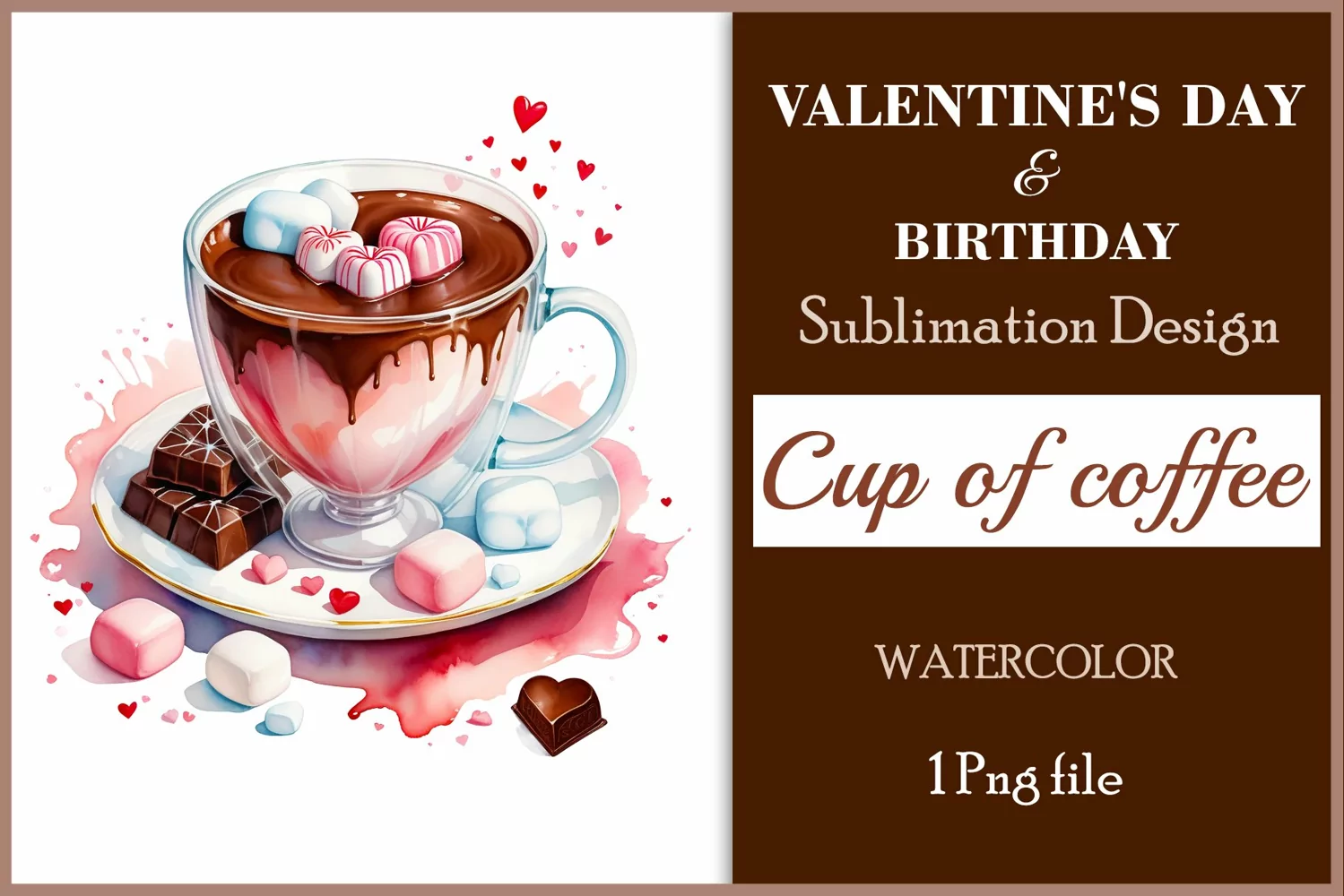 Watercolor clipart valentines day or birthday greeting card coffee mug or chocolate with hearts  on clear background. Romantic and flavorful illustration. High resolution and perfect quality for printing and sublimation.
