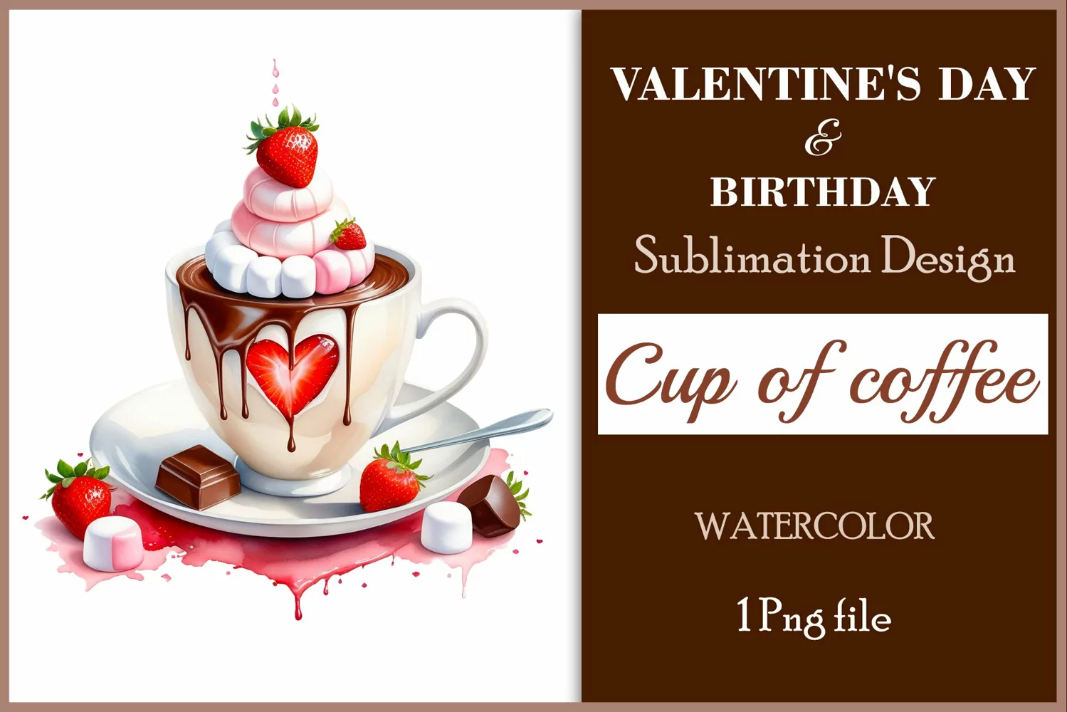 Watercolor clipart valentines day or birthday greeting card coffee mug or chocolate with hearts  on clear background. Romantic and flavorful illustration. High resolution and perfect quality for printing and sublimation.