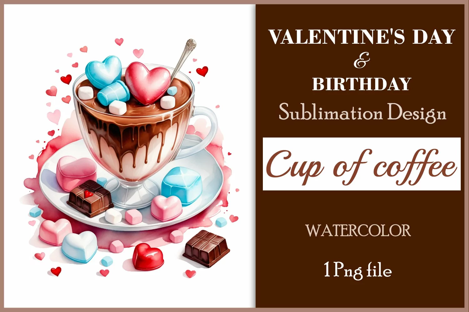 Watercolor clipart valentines day or birthday greeting card coffee mug or chocolate with hearts  on clear background. Romantic and flavorful illustration. High resolution and perfect quality for printing and sublimation.