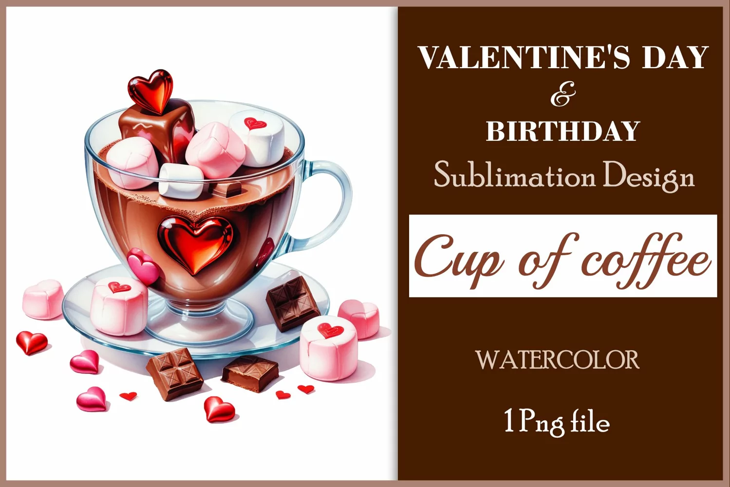 Watercolor clipart valentines day or birthday greeting card coffee mug or chocolate with hearts  on clear background. Romantic and flavorful illustration. High resolution and perfect quality for printing and sublimation.