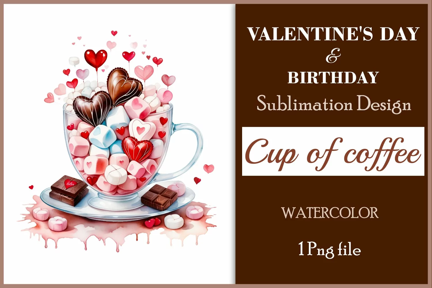 Watercolor clipart valentines day or birthday greeting card coffee mug or chocolate with hearts  on clear background. Romantic and flavorful illustration. High resolution and perfect quality for printing and sublimation.