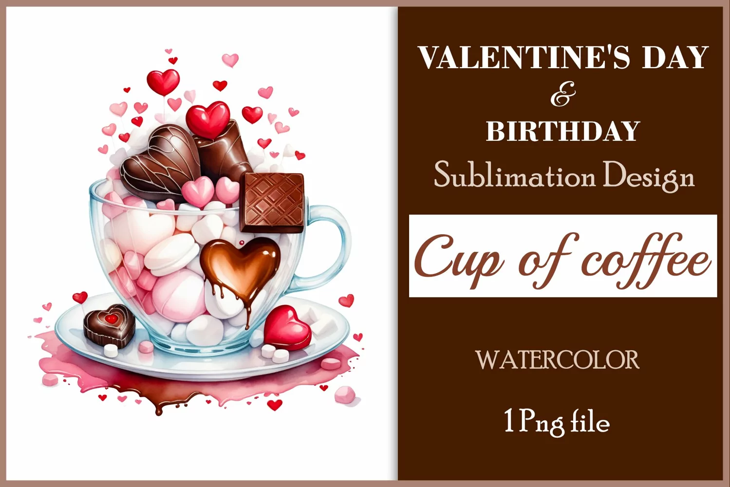 Watercolor clipart valentines day or birthday greeting card coffee mug or chocolate with hearts  on clear background. Romantic and flavorful illustration. High resolution and perfect quality for printing and sublimation.