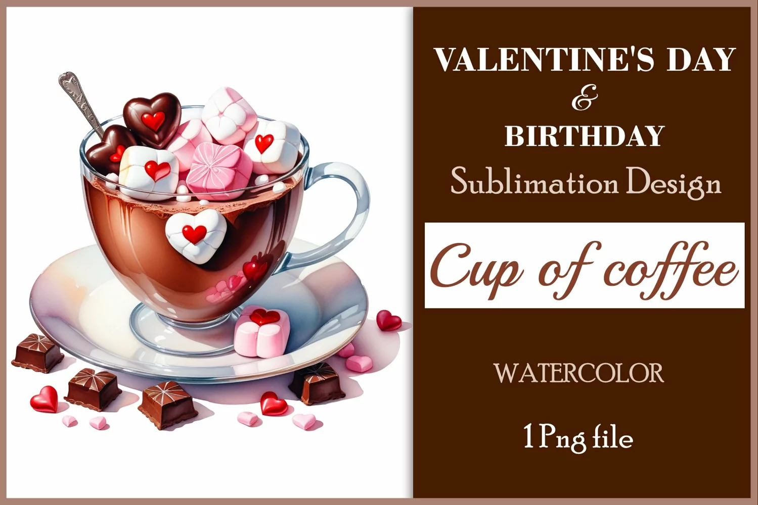 Watercolor clipart valentines day or birthday greeting card coffee mug or chocolate with hearts  on clear background. Romantic and flavorful illustration. High resolution and perfect quality for printing and sublimation.