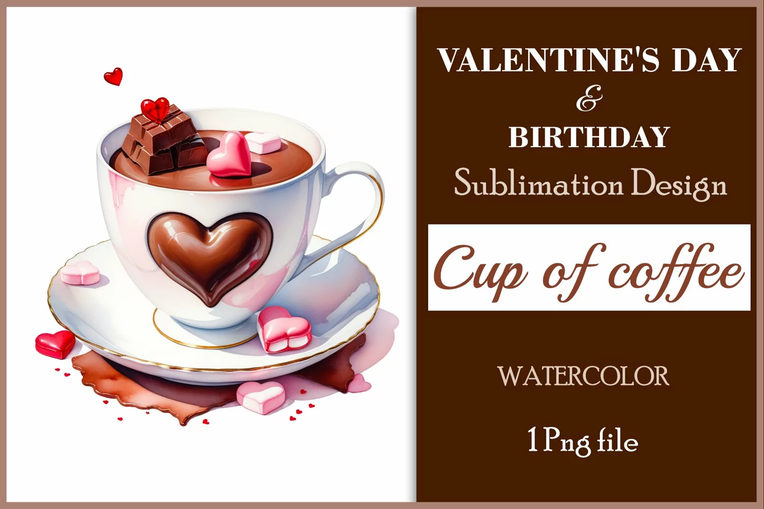 Watercolor clipart valentines day or birthday greeting card coffee mug or chocolate with hearts  on clear background. Romantic and flavorful illustration. High resolution and perfect quality for printing and sublimation.