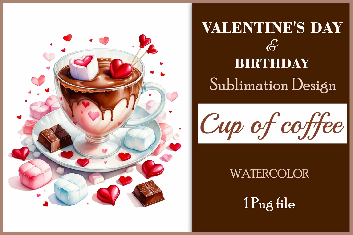Watercolor clipart valentines day or birthday greeting card coffee mug or chocolate with hearts  on clear background. Romantic and flavorful illustration. High resolution and perfect quality for printing and sublimation.