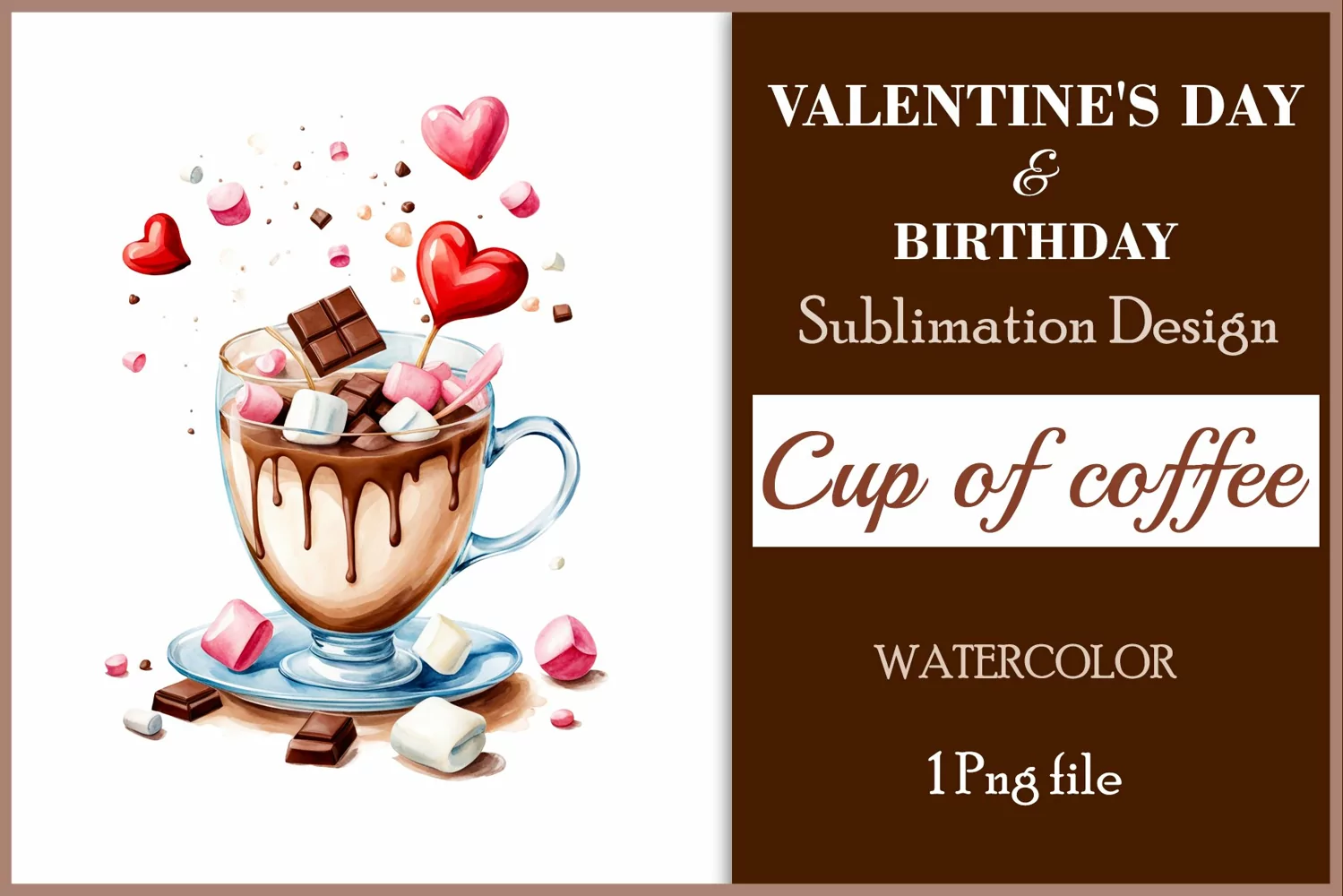 Watercolor clipart valentines day or birthday greeting card coffee mug or chocolate with hearts  on clear background. Romantic and flavorful illustration. High resolution and perfect quality for printing and sublimation.