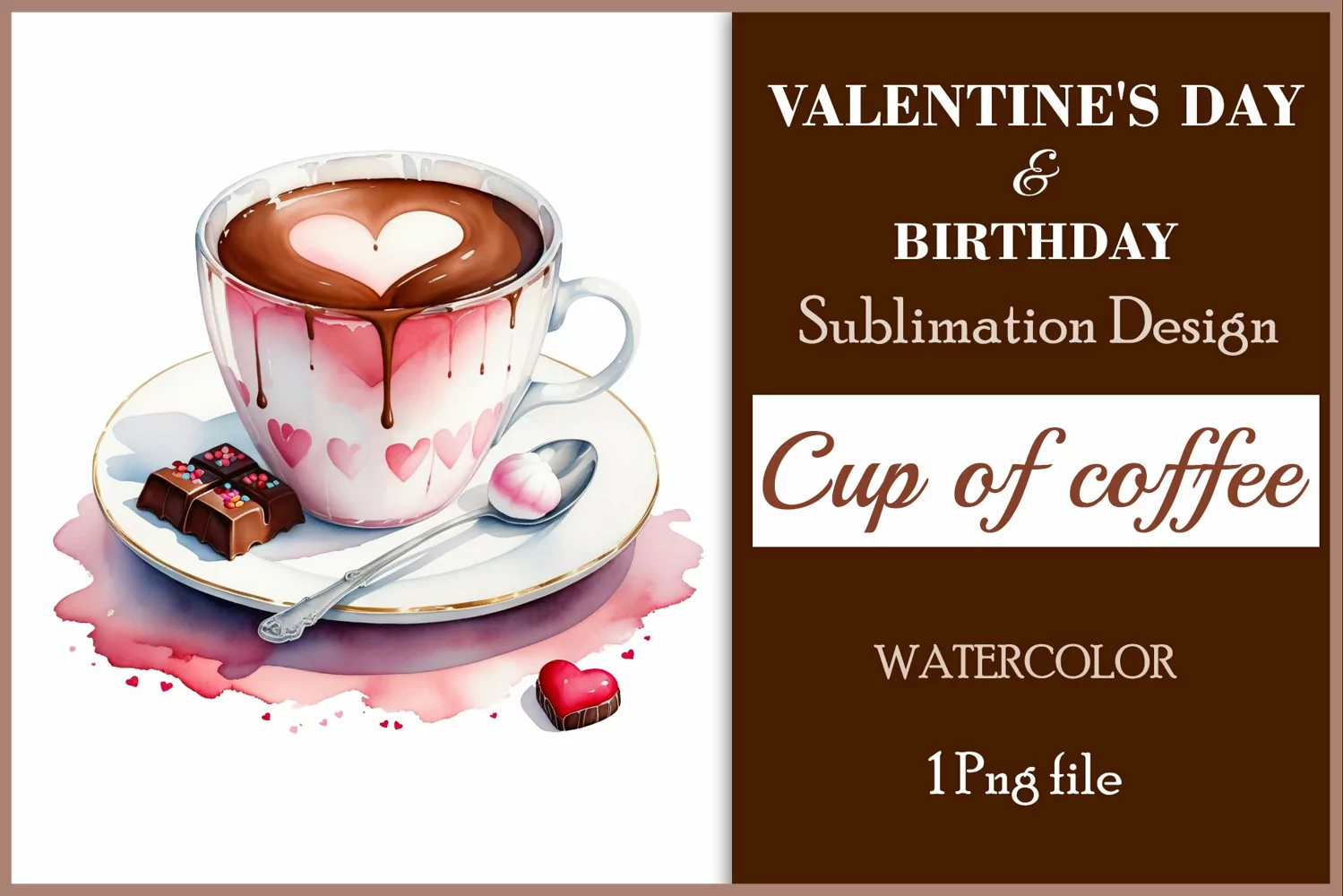 Watercolor clipart valentines day or birthday greeting card coffee mug or chocolate with hearts  on clear background. Romantic and flavorful illustration. High resolution and perfect quality for printing and sublimation.