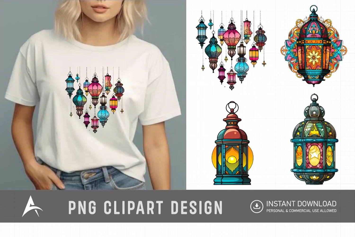 Watercolor Color full Lantern Ramadan Clipart product image 1