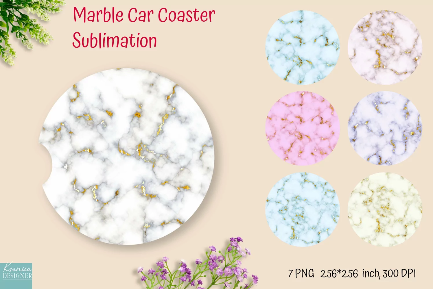 colorful marble with gold glitter car coaster sublimation