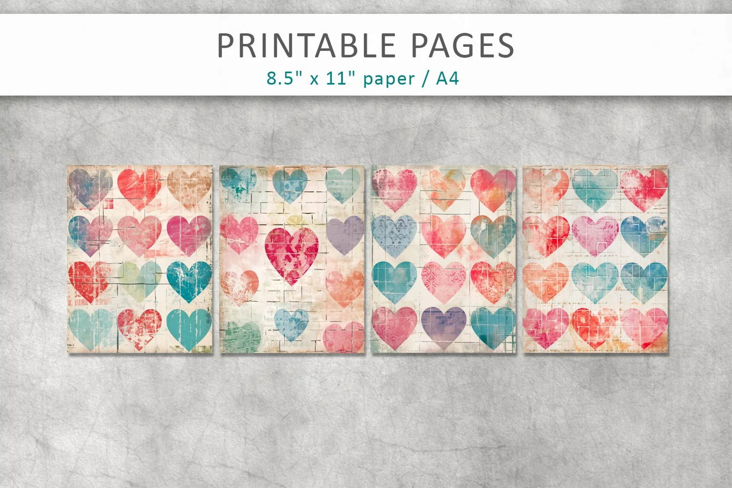 Hearts vintage paper junk journal pages product image 1