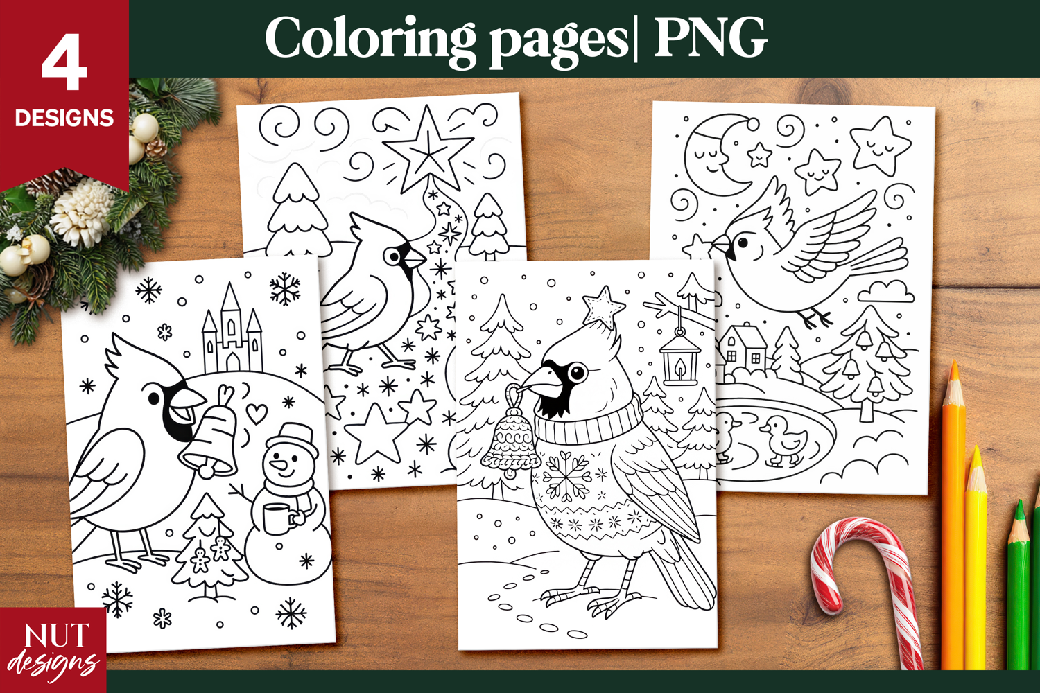 Cardinal Bird Christmas Coloring Pages for Kids printable product image 1