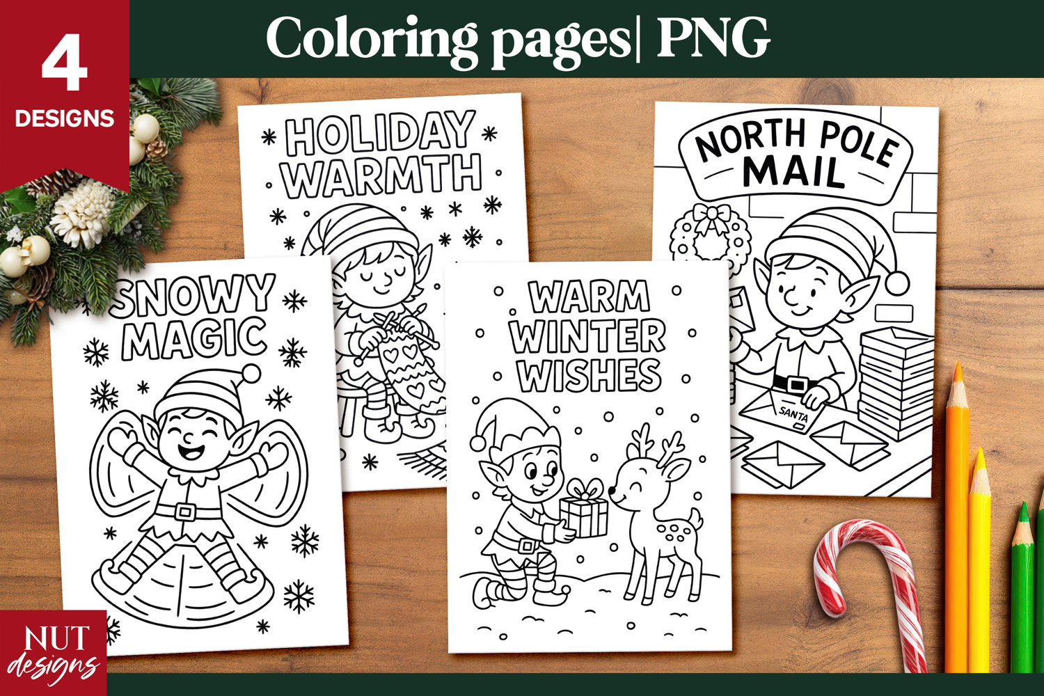 Festive Elf Christmas Coloring Pages for Kids Christmas card product image 1