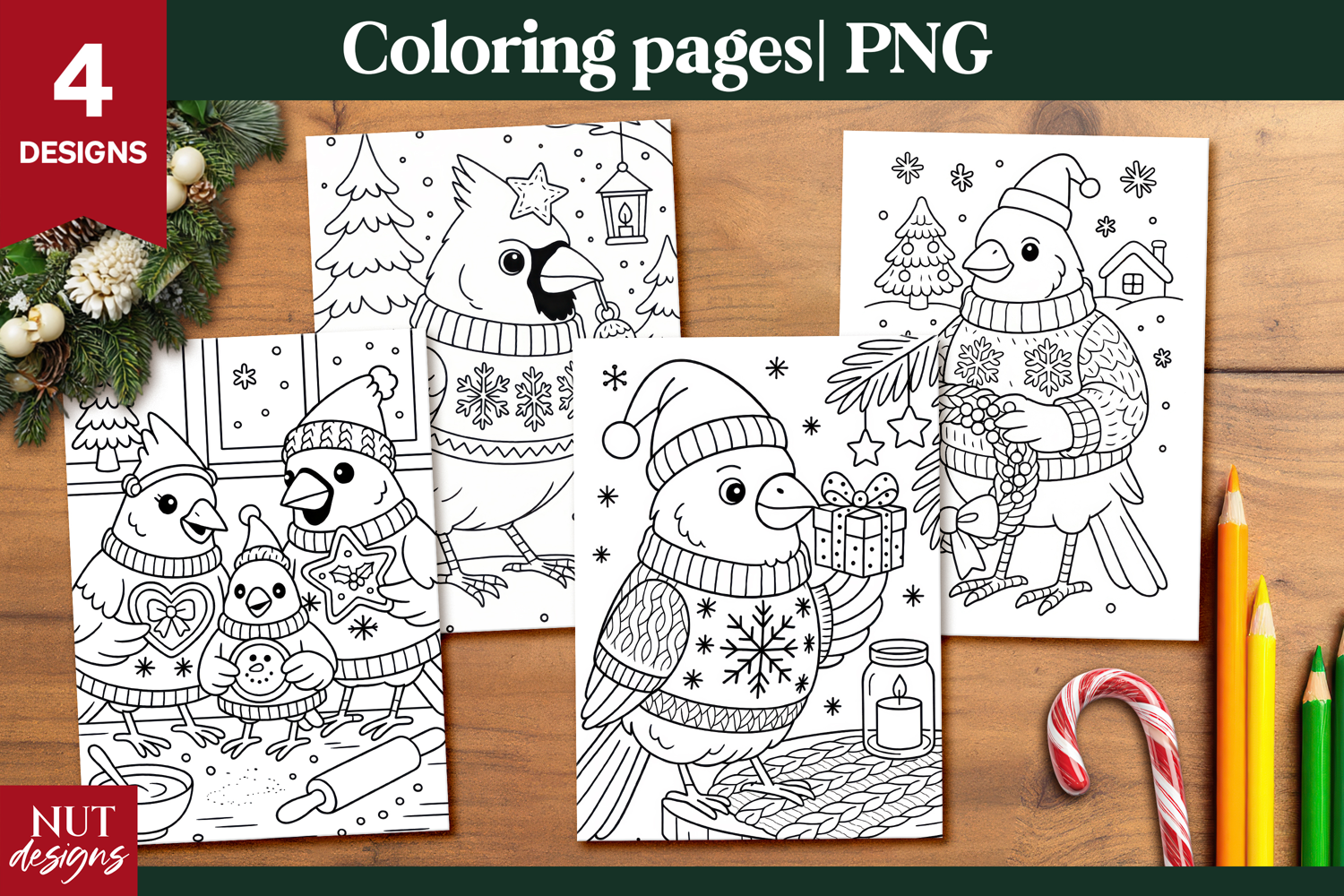 Cardinal Bird Christmas Coloring Pages for Kids printable product image 1