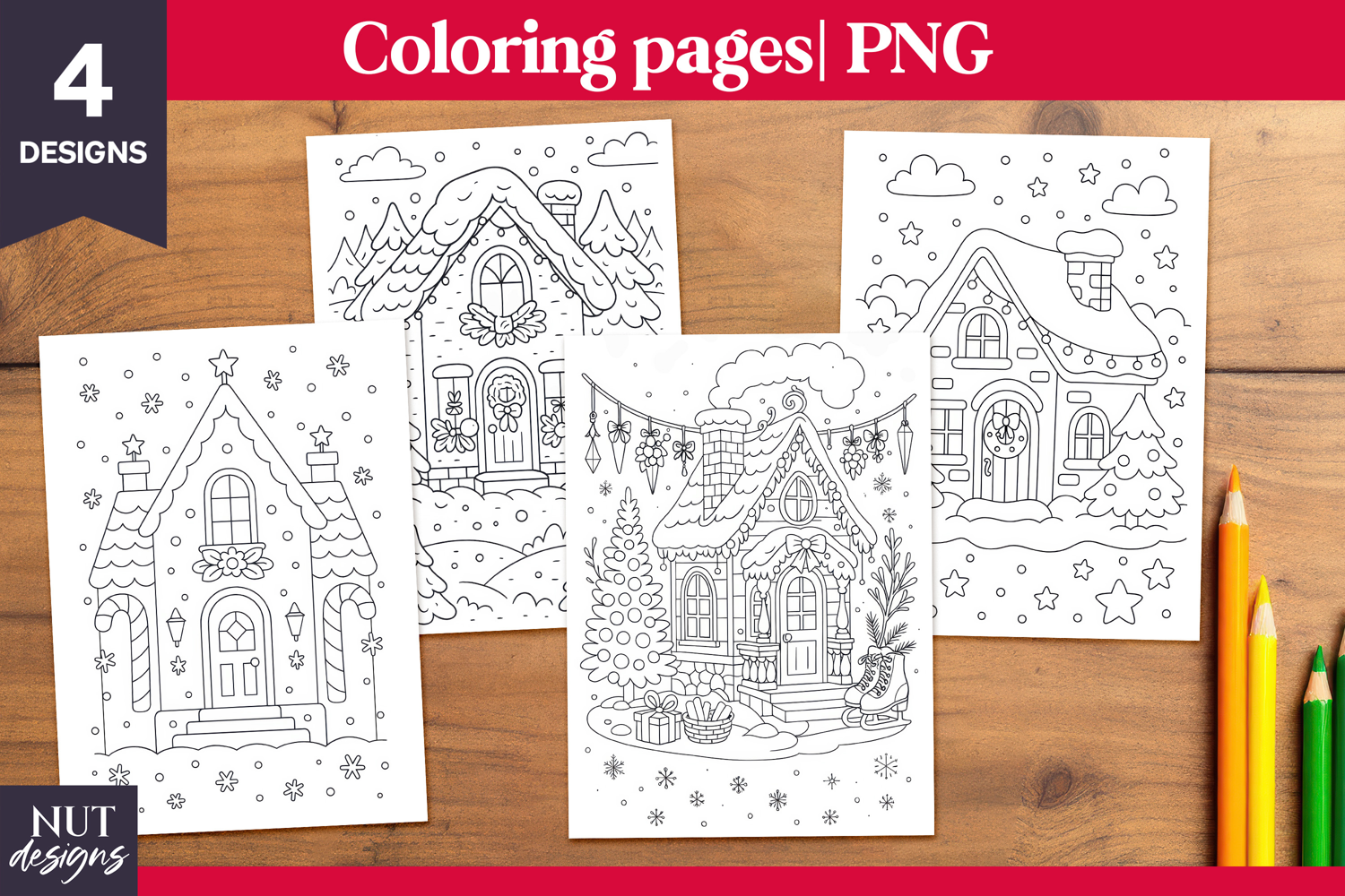 Christmas Coloring pages for kids Christmas houses printable product image 1
