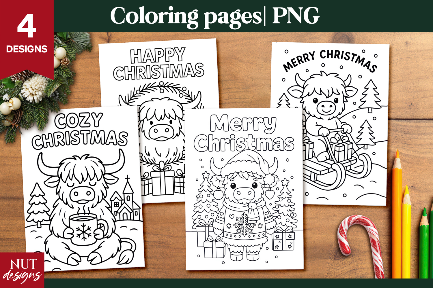 Christmas Highland Cow Coloring Pages for Kids printable product image 1