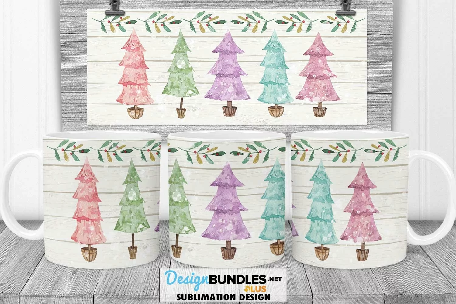 Sublimation Mug Wrap 11 & 15 oz | Colored Christmas Trees product image 1