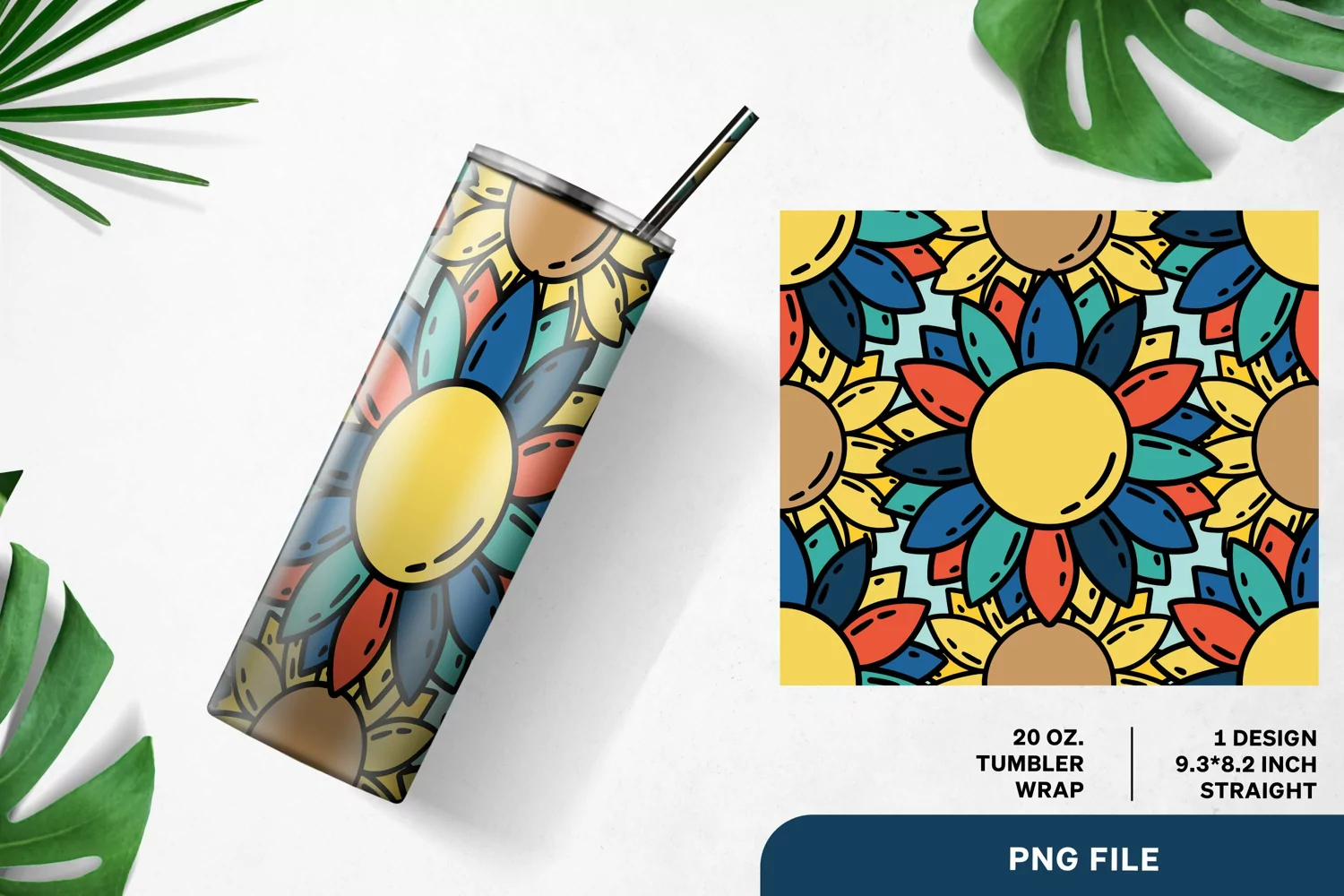Colorful Sunflower 20 oz Size Skinny Tumbler Wrap Design product image 1