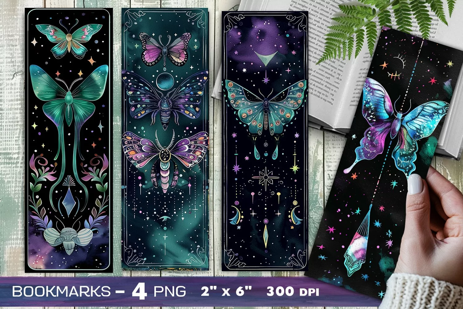 Lunar moth bookmark, Magic moth and moon watercolor bookmark product image 1