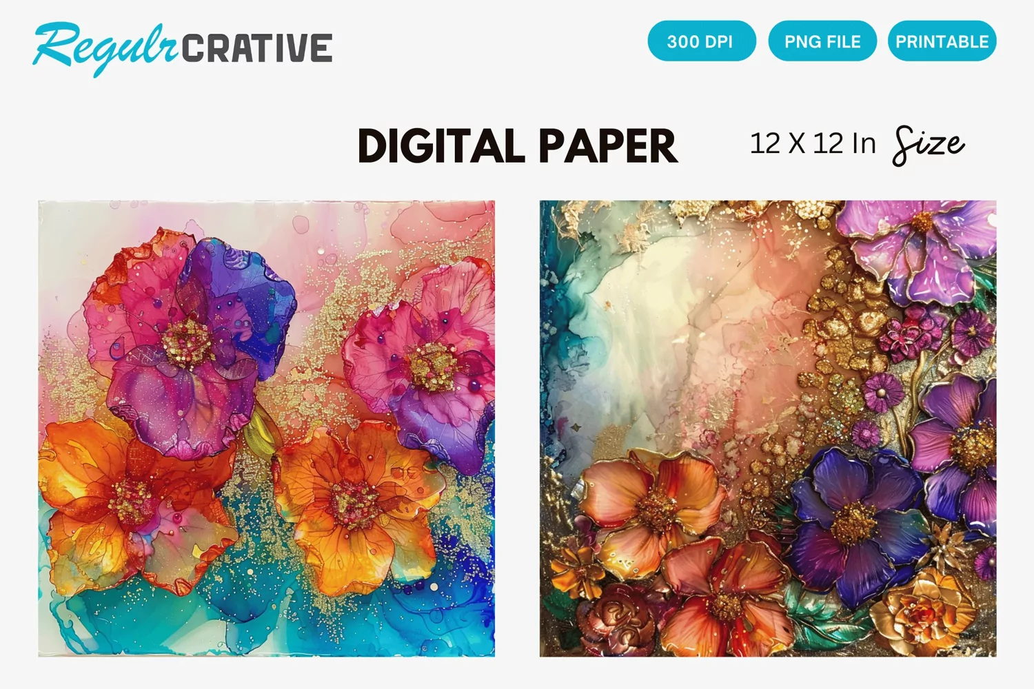Colorful Alcohol Ink Flowers And Glitter Digital Paper product image 1