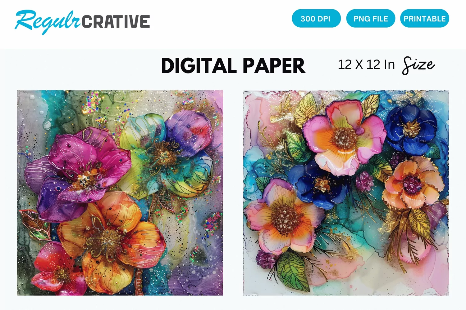 Colorful Alcohol Ink Flowers And Glitter Digital Paper product image 1