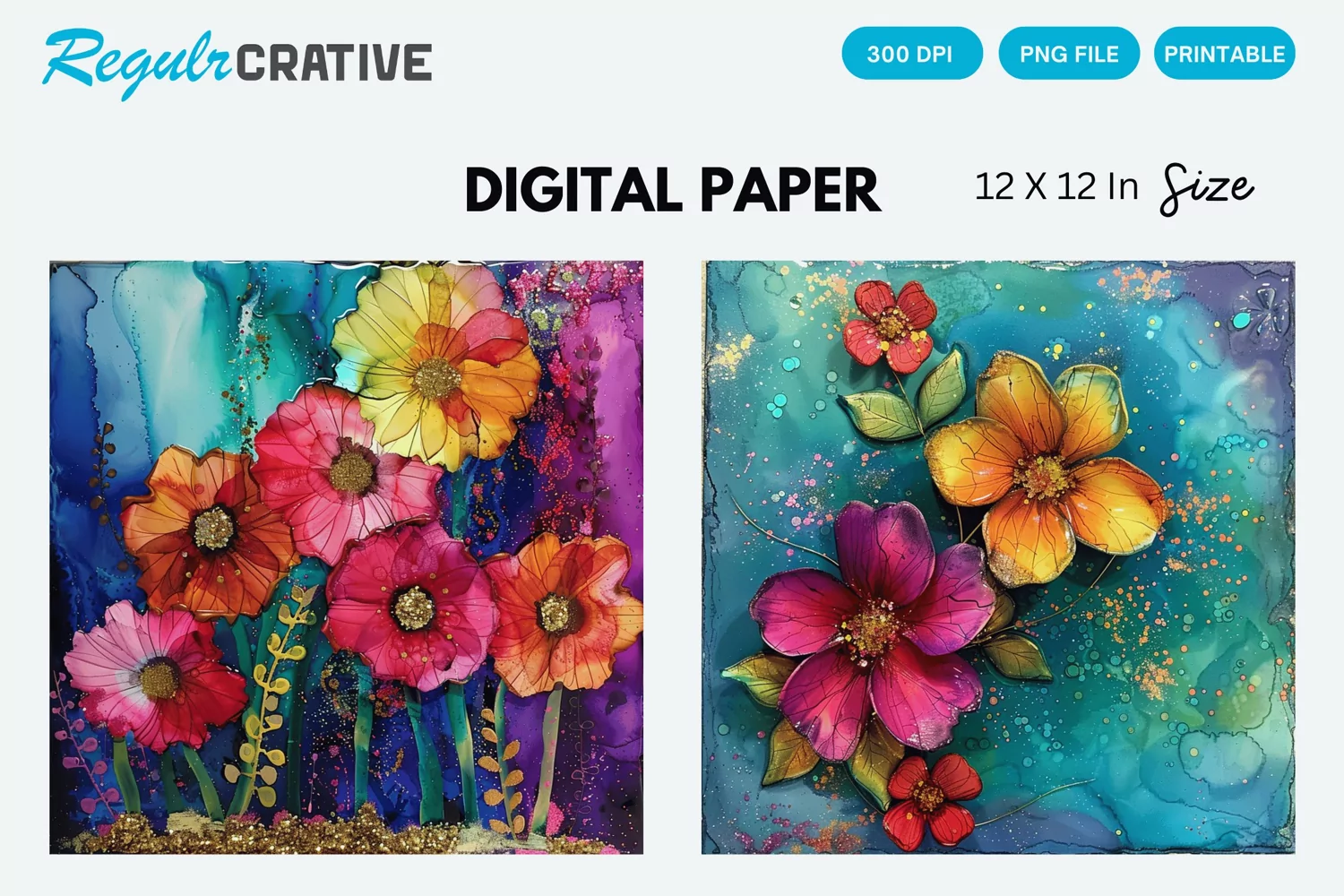 Colorful Alcohol Ink Flowers And Glitter Digital Paper product image 1