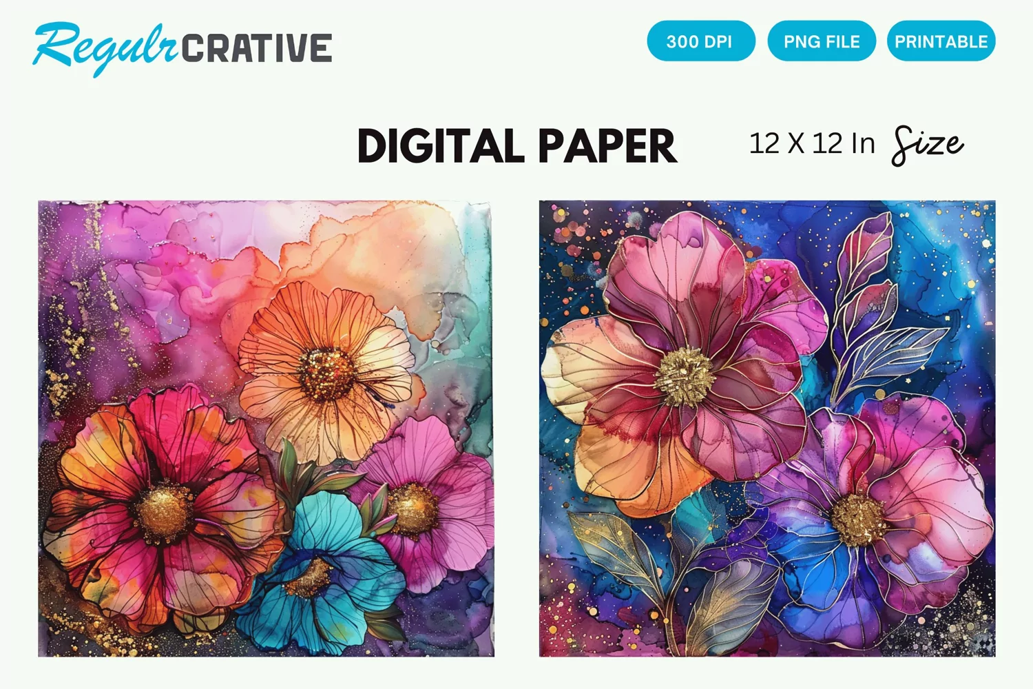 Colorful Alcohol Ink Flowers And Glitter Digital Paper product image 1