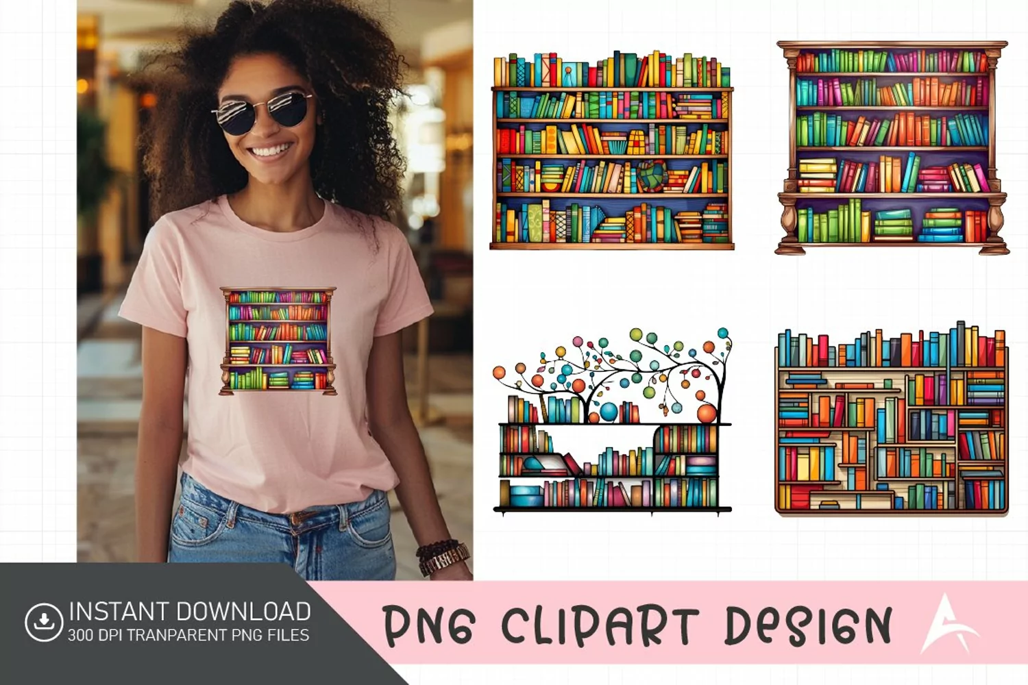 Watercolor Colorful Bookshelf Clipart product image 1