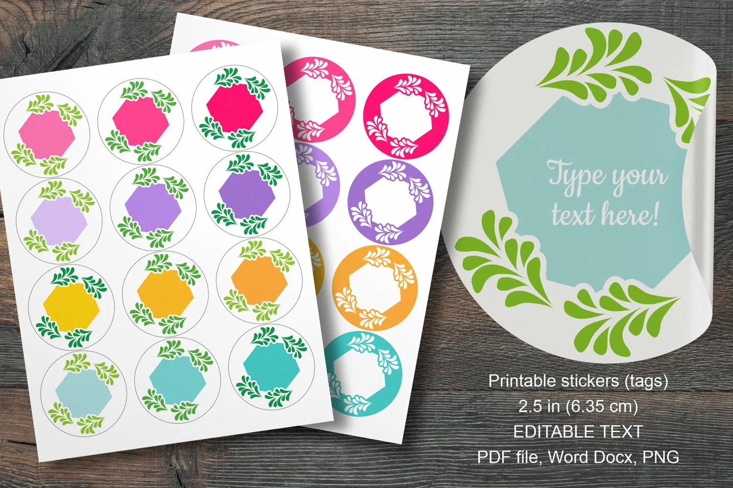 Colorful Botanical Hex Summer Round Labels 12 pcs per paper