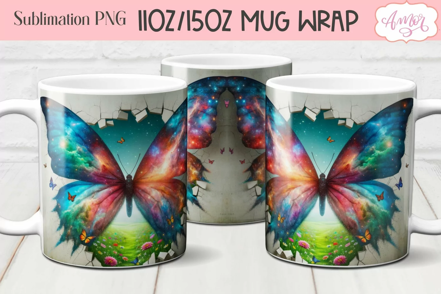 Colorful butterfly mug wrap PNG design for sublimation product image 1