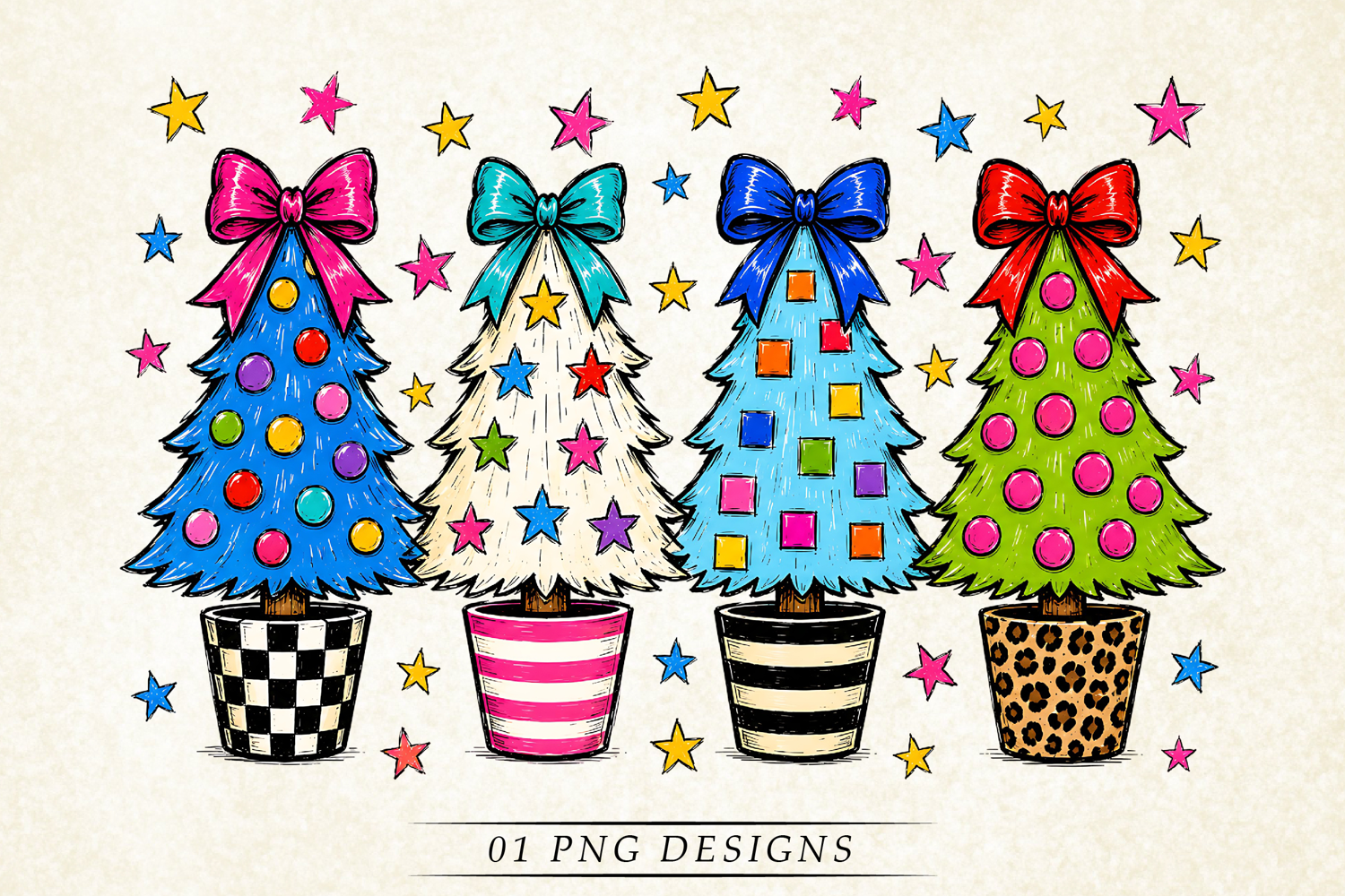 Colorful Christmas Trees PNG, Whimsical Retro Holiday product image 1