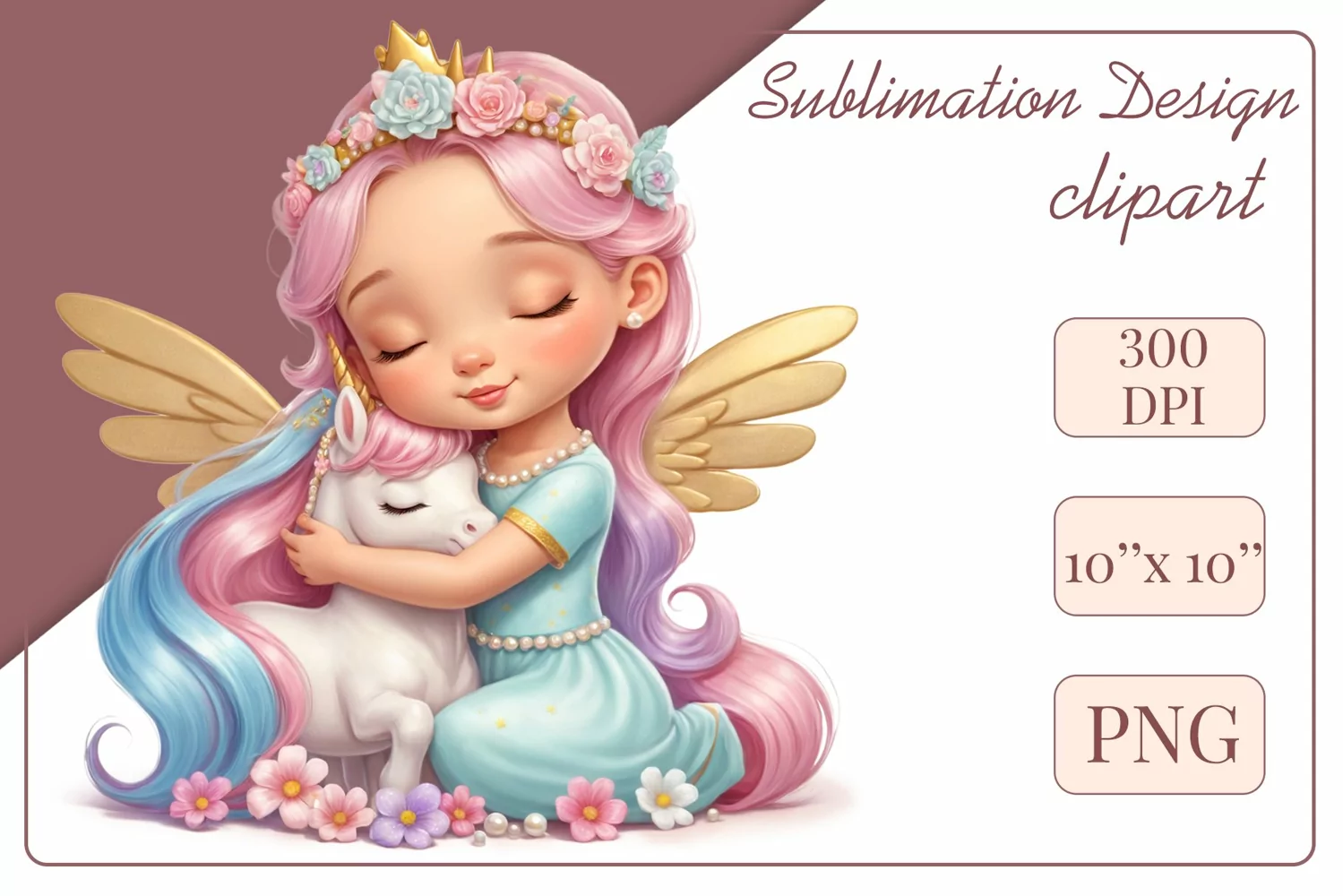 This enchanting clipart features a cute little princess tenderly embracing her faithful friend - a magical unicorn. Create magical moments with this adorable image, perfect for children's projects: cards, greetings, scrapbooking, and more