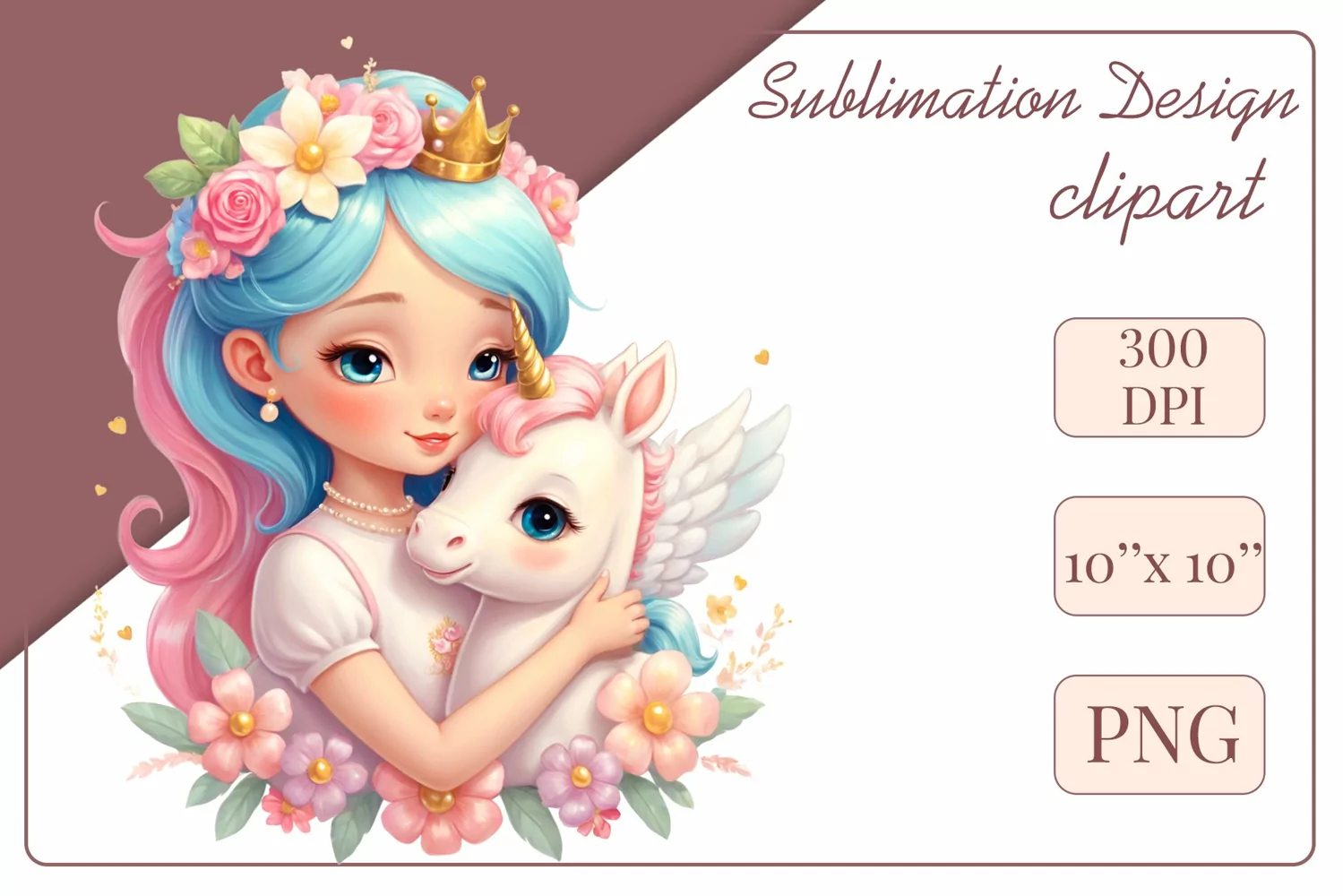 This enchanting clipart features a cute little princess tenderly embracing her faithful friend - a magical unicorn. Create magical moments with this adorable image, perfect for children's projects: cards, greetings, scrapbooking, and more